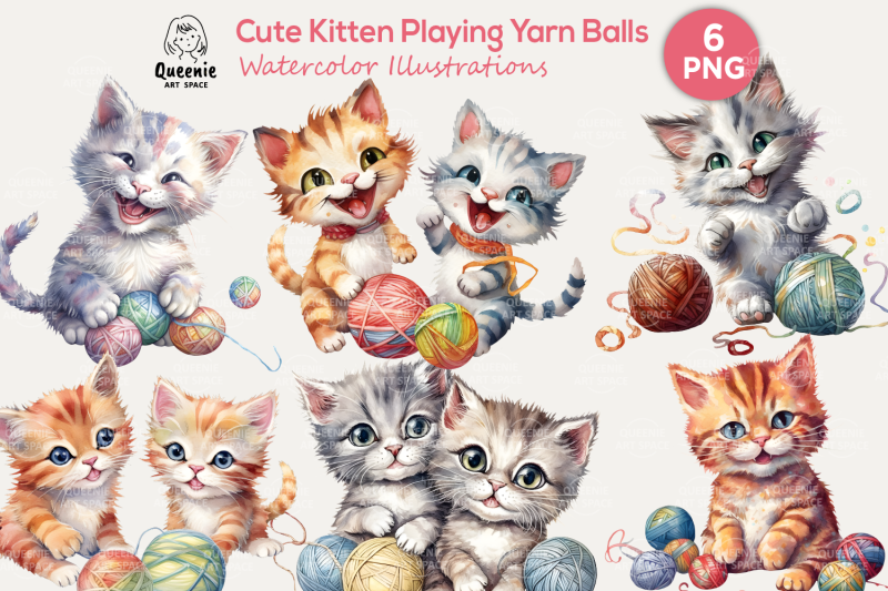 cute-kitten-playing-yarn-ball-watercolor-illustrations