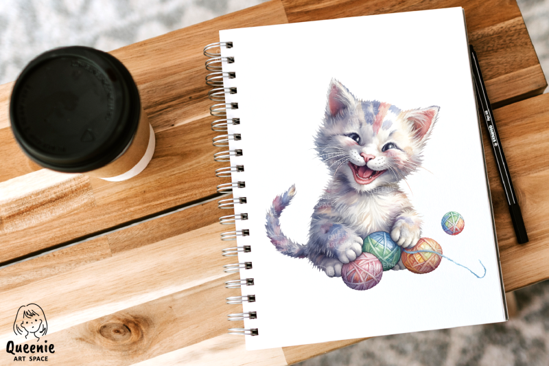 cute-kitten-playing-yarn-ball-watercolor-illustrations