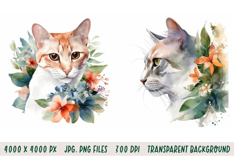 watercolor-cats-in-tropical-florals-sublimation-clipart