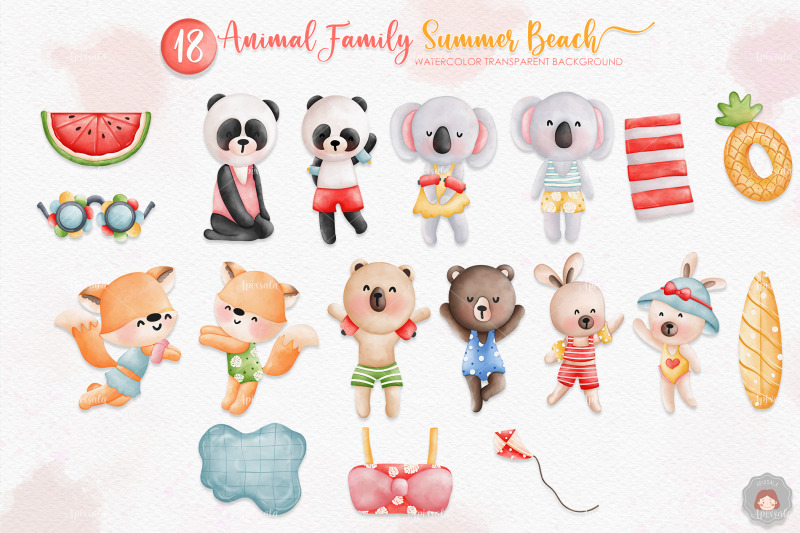 watercolor-summer-animal-family-on-beach-clipart