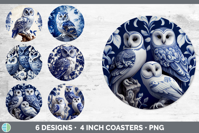 blue-and-white-owl-bird-round-coaster-sublimation-coaster-designs-bu