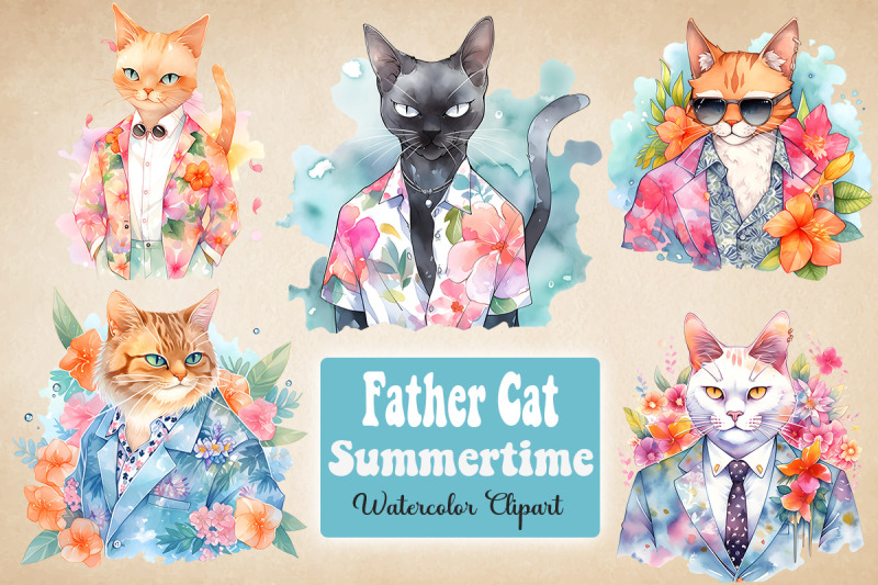 father-cat-summer-watercolor-bundle