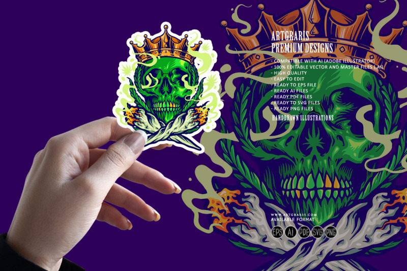 skull-king-with-royal-crown-smoking-cannabis-joint-illuystrations