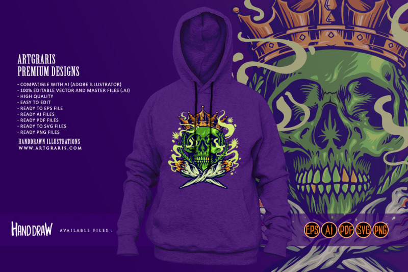 skull-king-with-royal-crown-smoking-cannabis-joint-illuystrations