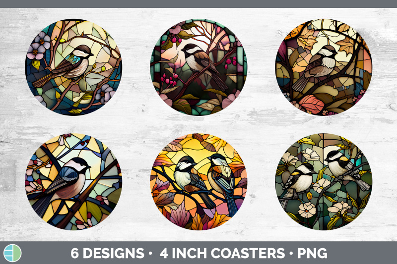 stained-glass-chickadee-bird-round-coaster-sublimation-coaster-desig