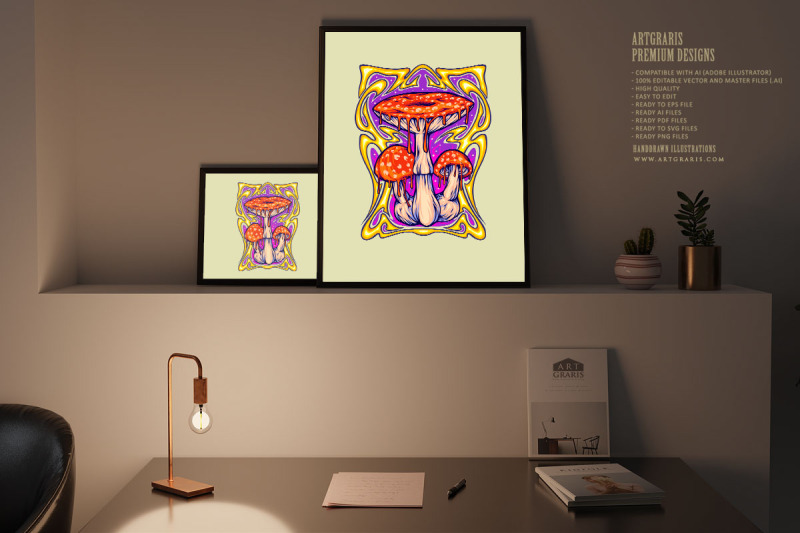 magic-mushroom-with-art-nouveau-frame-background-illustrations