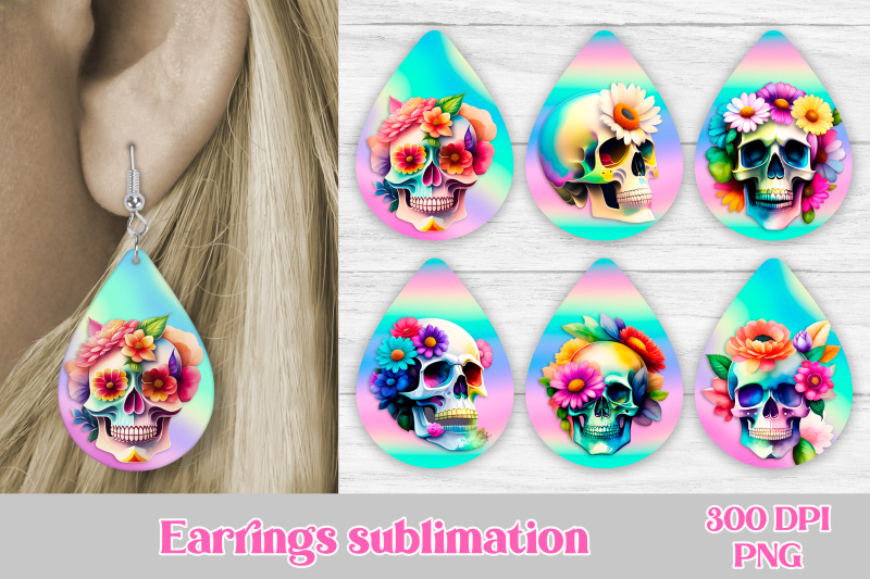 teardrop-earring-sublimation-skull-flower-earring