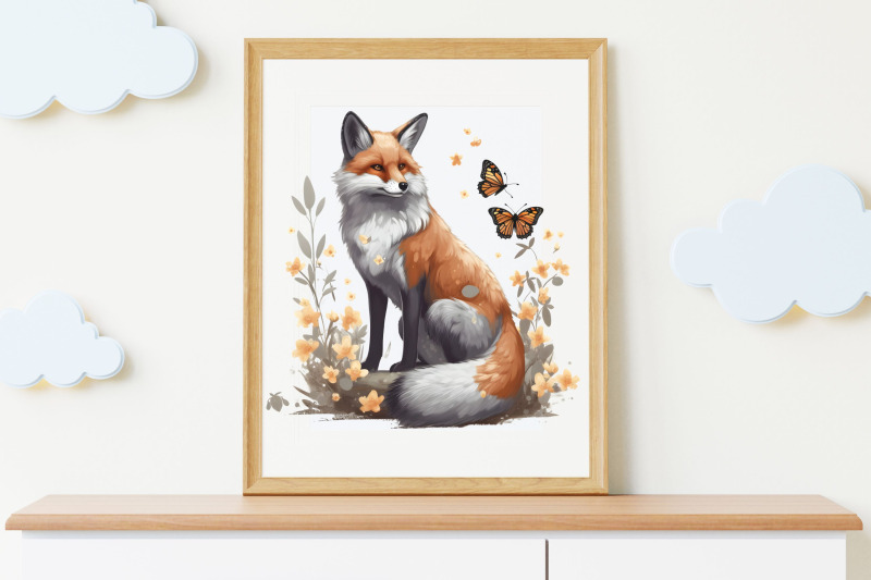 fox-butterflies-flowers-clipart