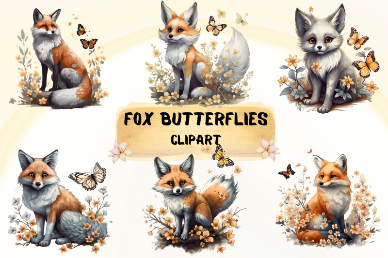 fox-butterflies-flowers-clipart