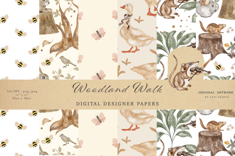 woodland-animals-watercolor-seamless-patterns