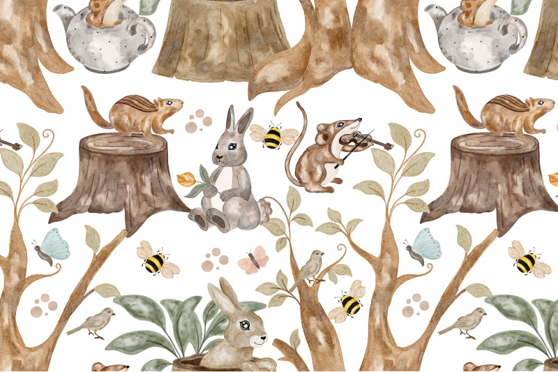 woodland-animals-watercolor-seamless-patterns