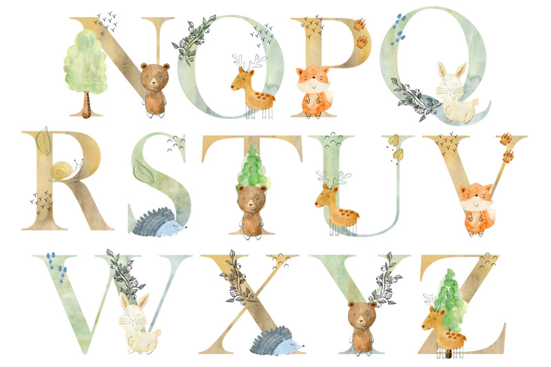 watercolor-alphabet-with-forest-animals