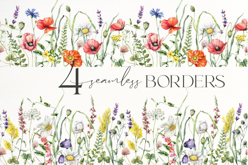 4-summer-wildflower-seamless-borders-frames-watercolor-clipart-png
