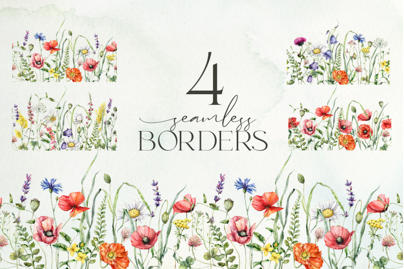 4-summer-wildflower-seamless-borders-frames-watercolor-clipart-png
