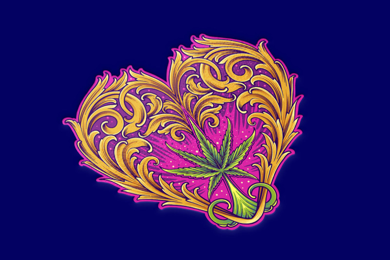 sacred-cannabis-leaf-in-heart-shape-engraved-ornament-illustrations