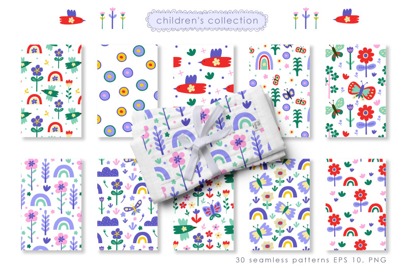 children-collection-seamless-patterns-rainbow-butterfly-flowers