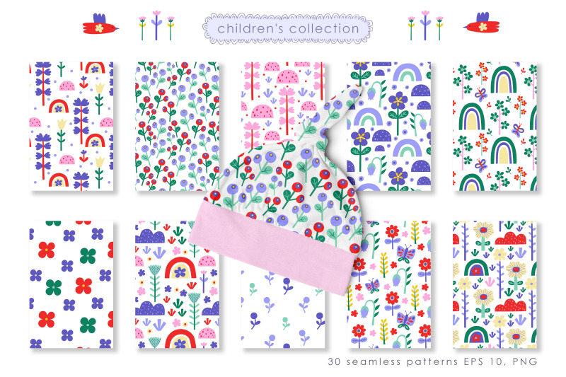 children-collection-seamless-patterns-rainbow-butterfly-flowers