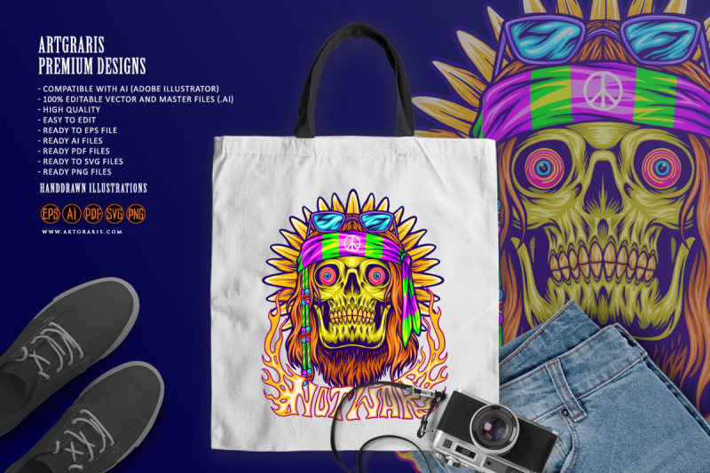 hippie-skull-with-classic-sunflower-trippy-background-illustrations