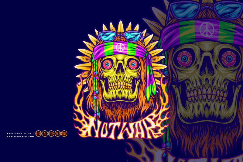 hippie-skull-with-classic-sunflower-trippy-background-illustrations