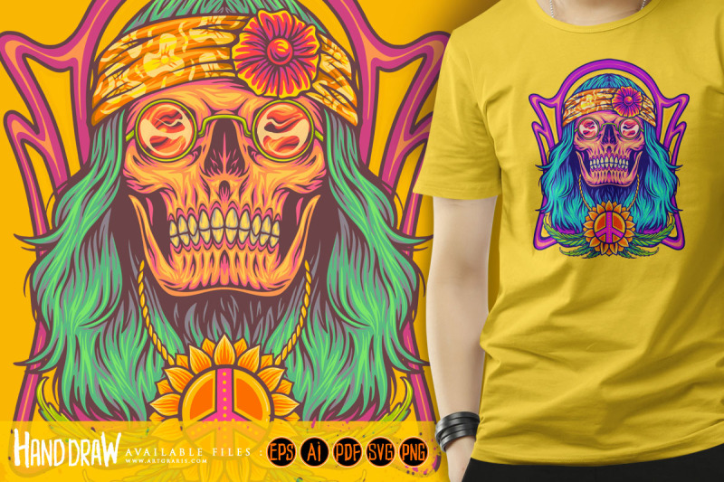 stoned-skull-wearing-hippie-peace-necklace-logo-illustrations