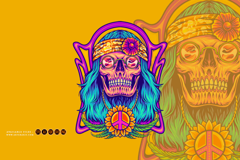 stoned-skull-wearing-hippie-peace-necklace-logo-illustrations