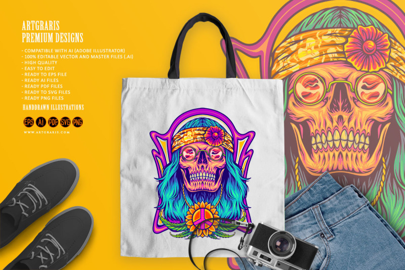 stoned-skull-wearing-hippie-peace-necklace-logo-illustrations