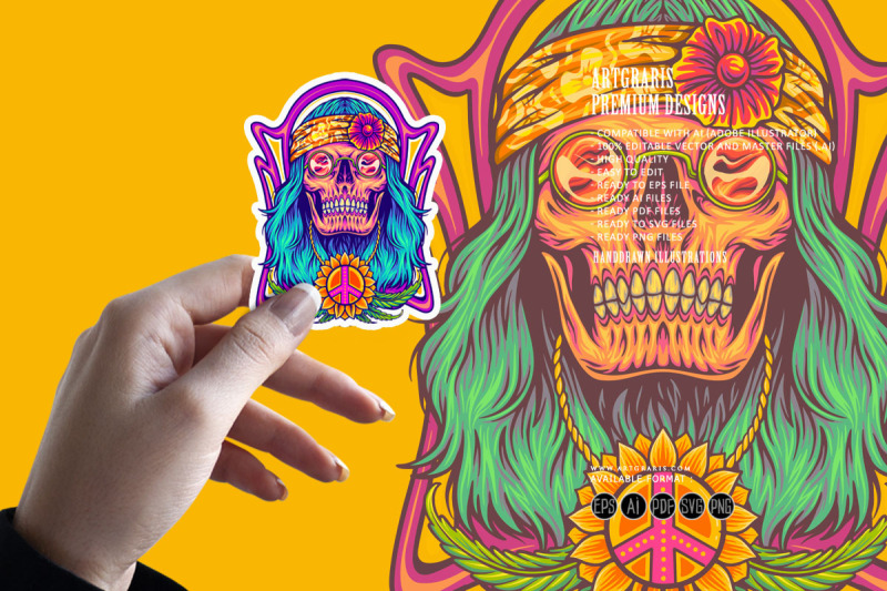 stoned-skull-wearing-hippie-peace-necklace-logo-illustrations