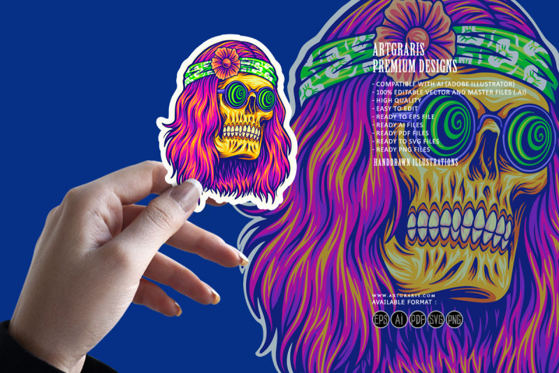 bohemian-skull-with-trippy-face-wearing-spiral-glasses-illustrations