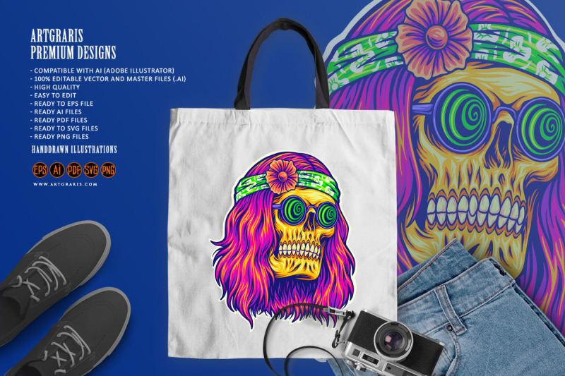 bohemian-skull-with-trippy-face-wearing-spiral-glasses-illustrations