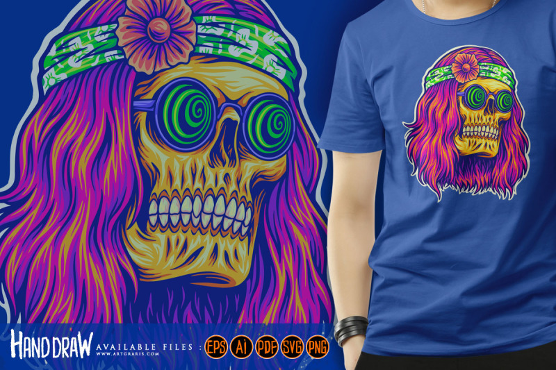 bohemian-skull-with-trippy-face-wearing-spiral-glasses-illustrations