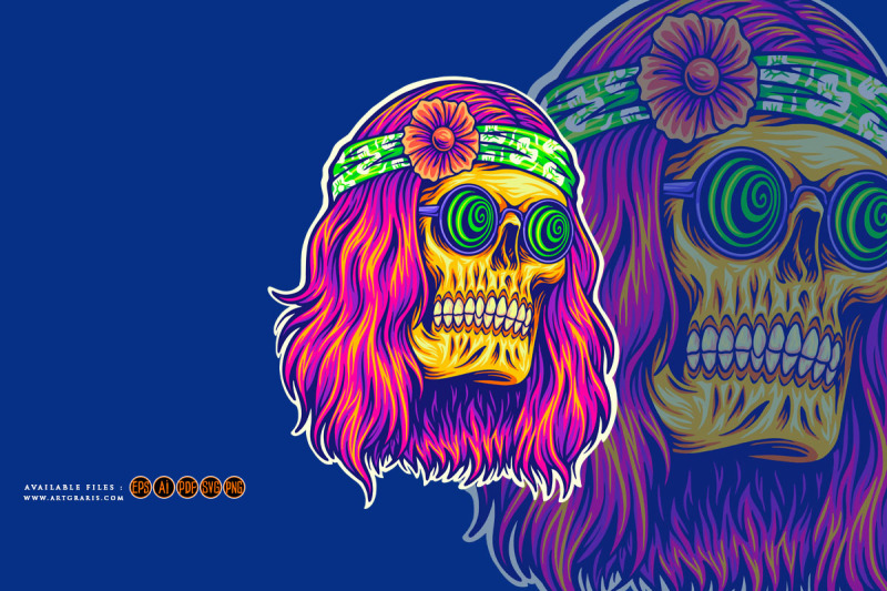 bohemian-skull-with-trippy-face-wearing-spiral-glasses-illustrations