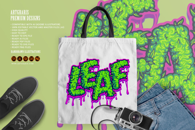 leaf-typeface-word-with-gooey-cannabis-flower-texture-illustrations