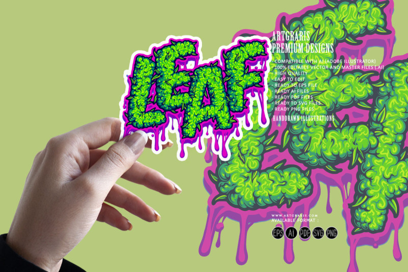 leaf-typeface-word-with-gooey-cannabis-flower-texture-illustrations