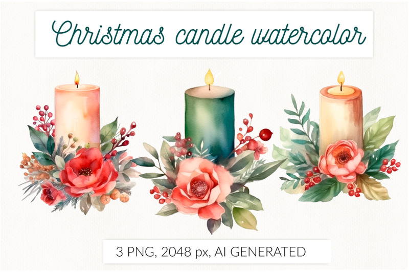 christmas-candle-watercolor-ai-generative-floral-christmas
