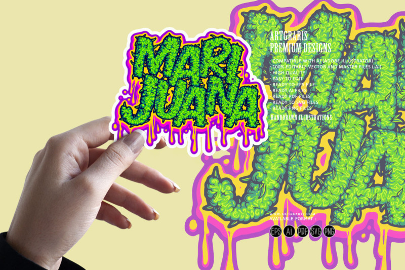 marijuana-lettering-word-with-melted-buds-texture-illustrations