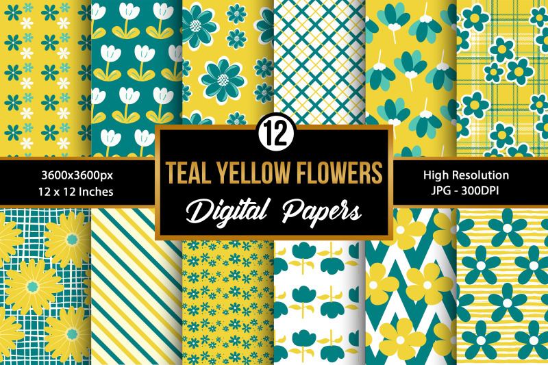 yellow-and-teal-flowers-digital-papers