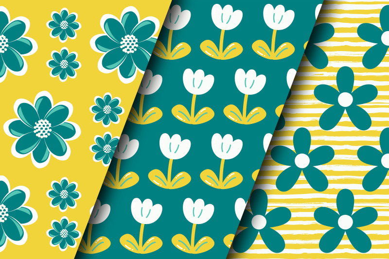 yellow-and-teal-flowers-digital-papers