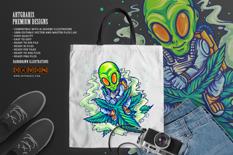 astronaut-alien-flying-on-space-with-marijuana-leaf-illustrations