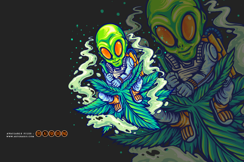 astronaut-alien-flying-on-space-with-marijuana-leaf-illustrations