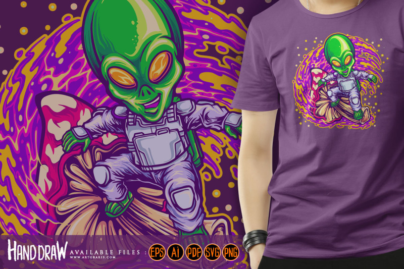 alien-spaceman-surfing-on-space-with-magic-mushroom-illustrations