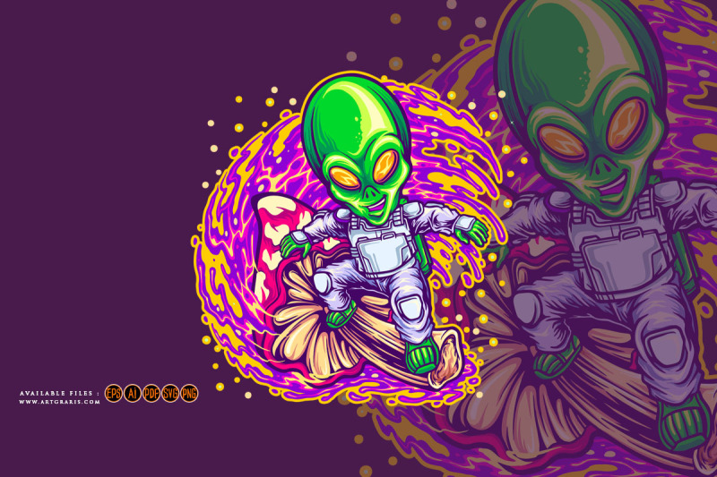 alien-spaceman-surfing-on-space-with-magic-mushroom-illustrations