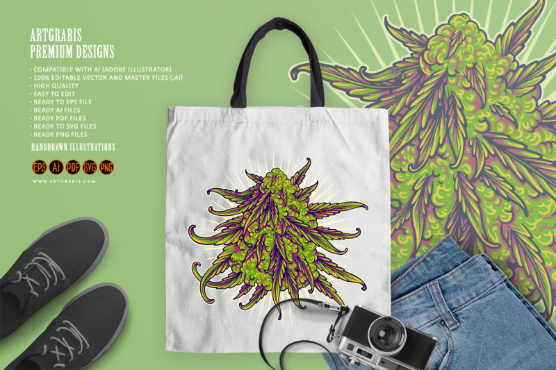 cannabis-indica-buds-strain-botanical-logo-illustrations