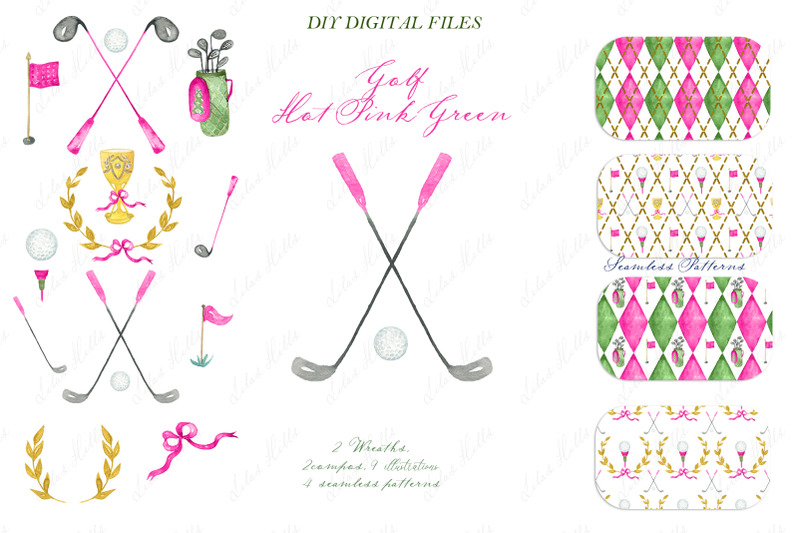 golf-clipart-argyle-pattern-green-hot-pink-vintage