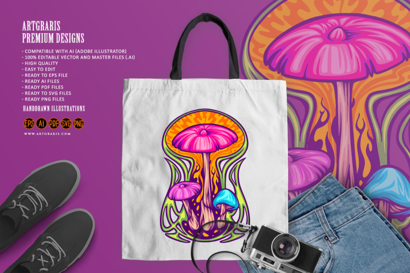 magic-mushroom-psycho-plant-on-trippy-background-illustrations