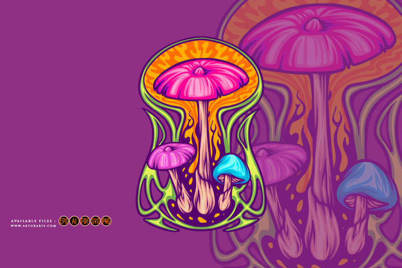 magic-mushroom-psycho-plant-on-trippy-background-illustrations