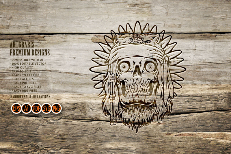 hippie-skull-head-flower-child-headband-logo-illustrations-monochrome