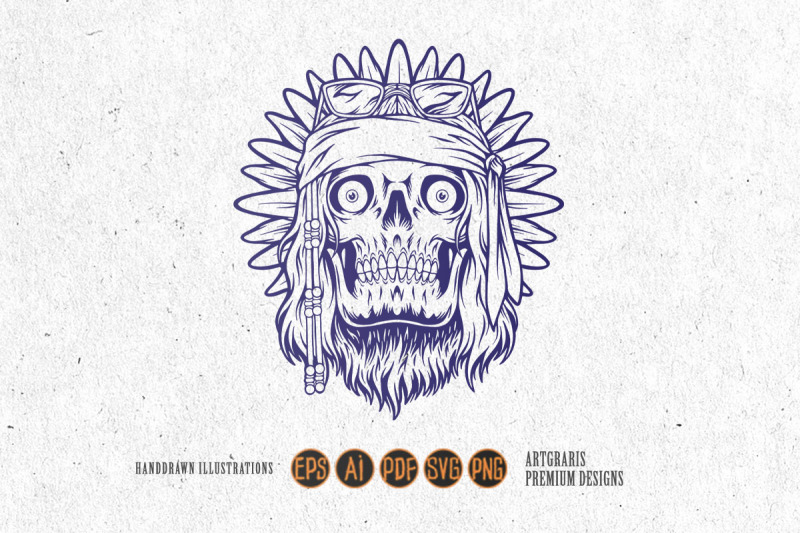 hippie-skull-head-flower-child-headband-logo-illustrations-monochrome