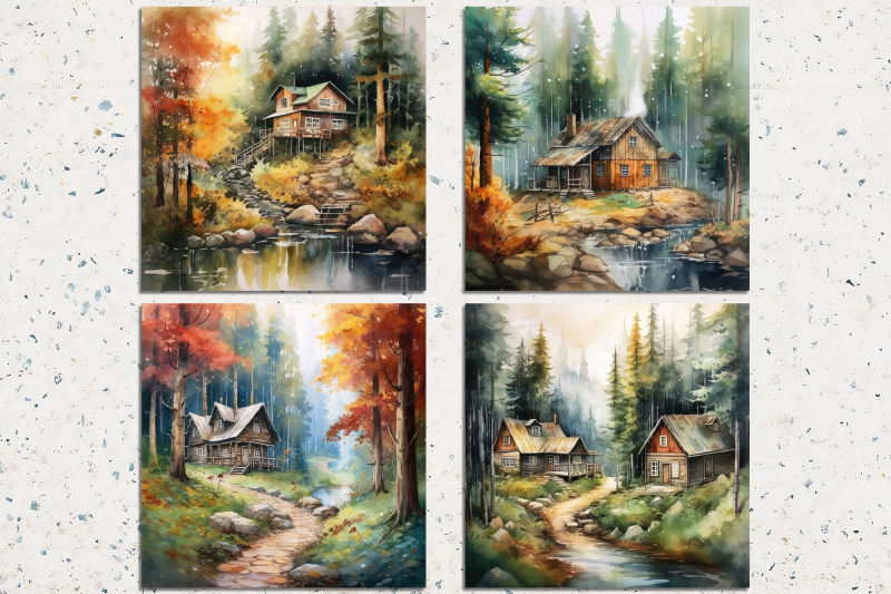 watercolor-cabins-in-the-woods