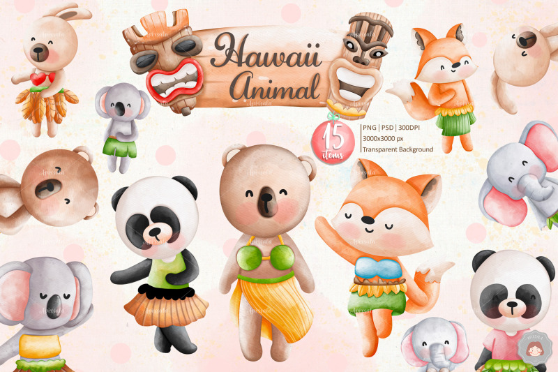 watercolor-aloha-hawaii-cute-animals-clipart-sublimation