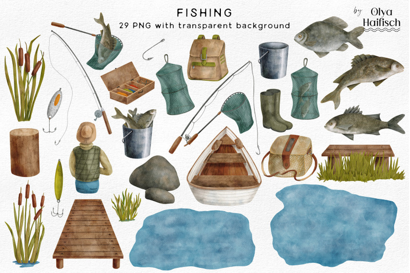 watercolor-fishing-clipart-fisherman-lake-landscape-fish-tackle-png